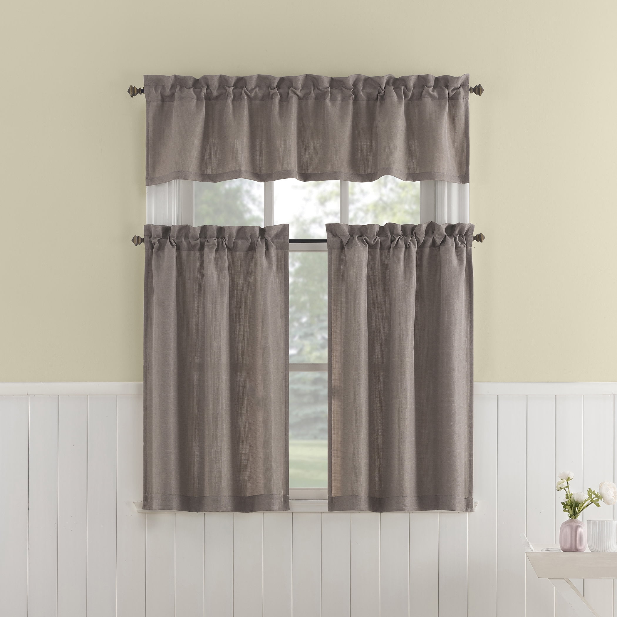 Mainstays 3-Piece Textured Semi Sheer Rod Pocket Kitchen Window Tier Pair and Valance, 2 Café Curtains and 1 Curtain Valance, Beige, 56"W x 36"L