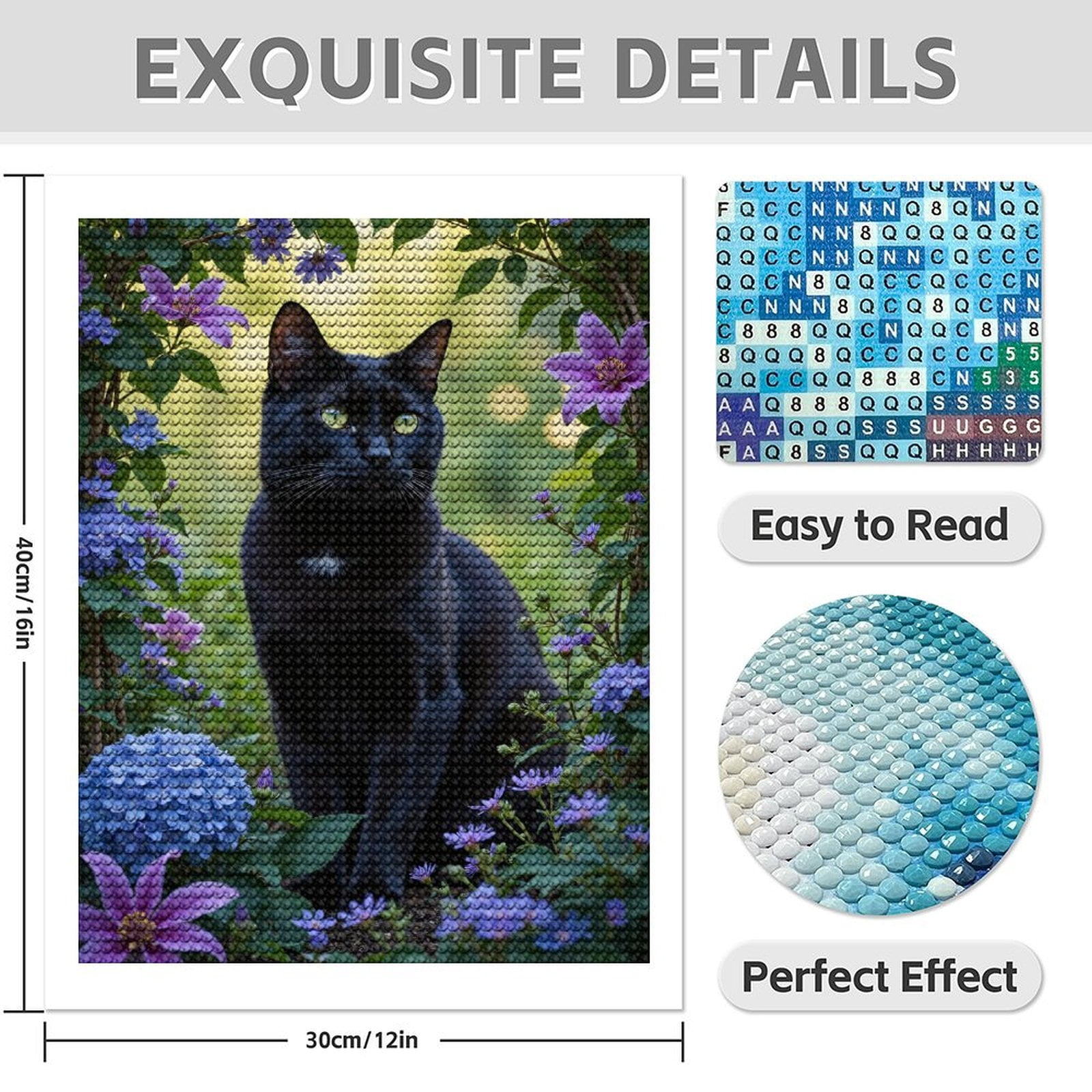 Diamond Art Kit for Adults, Black Cat In Blooming Garden Diamond Painting for Adults Beginners, 5D DIY Diamond Art Painting Kits, Colorful Diamond Painting Craft for Home Decor 12x16