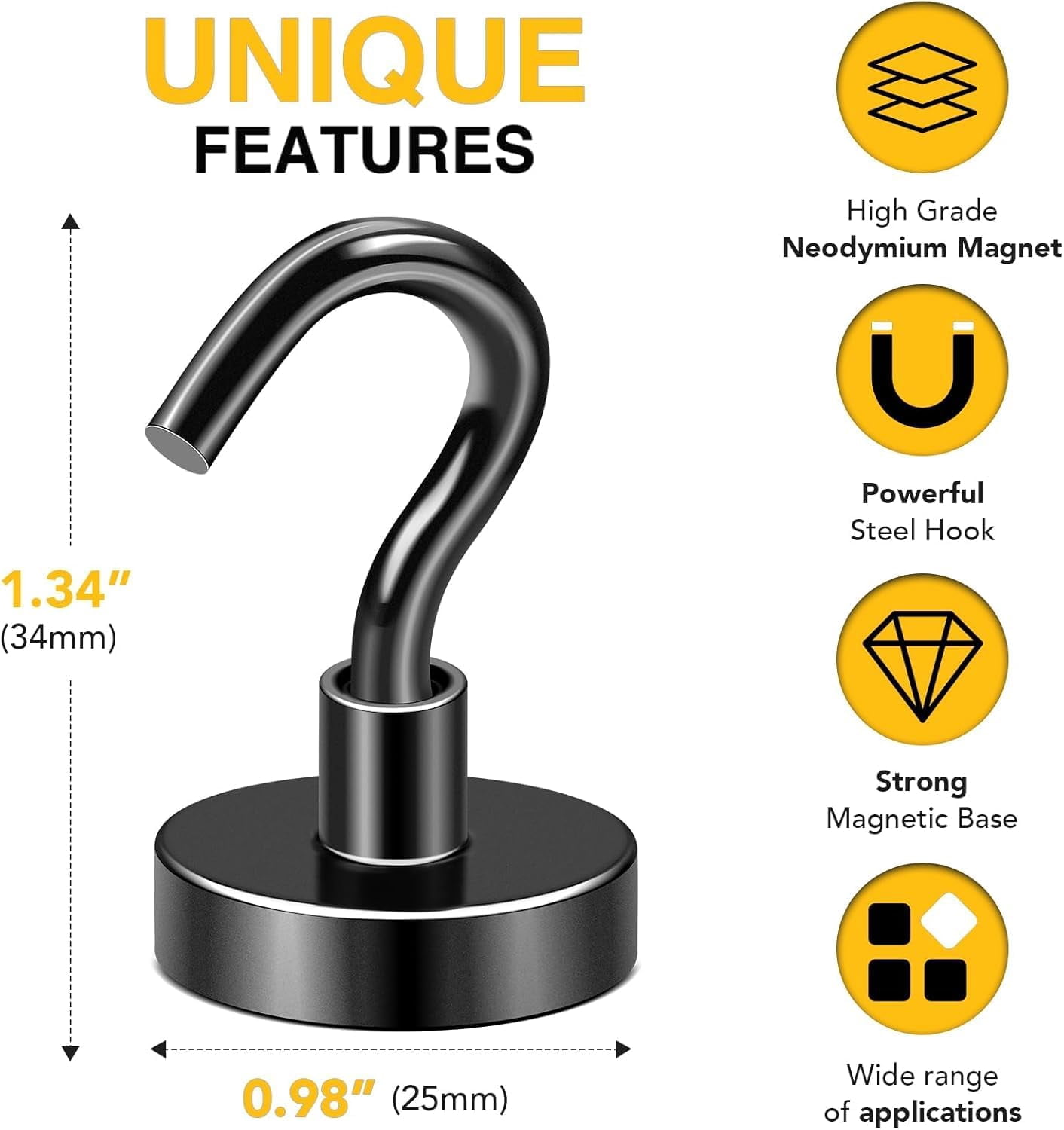 JJEAN-Magnetic Hooks, 85 LB Black Heavy Duty Strong Magnet with Hook, Rare Earth Neodymium Magnets for Hanging, Magnetics Hanger for Curtain, Home, Kitchen, Workplace, 12 Packs,