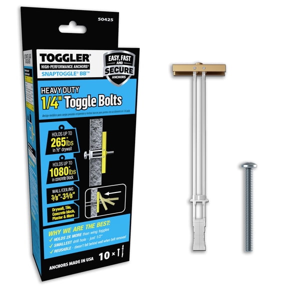 TOGGLER SNAPTOGGLE BB Toggle Anchor with Bolts, Zinc-Plated Steel Channel, Made in US, 3/8" to 3-5/8" Grip Range, for 1/4"-20 UNC Fastener Size Pack of 10