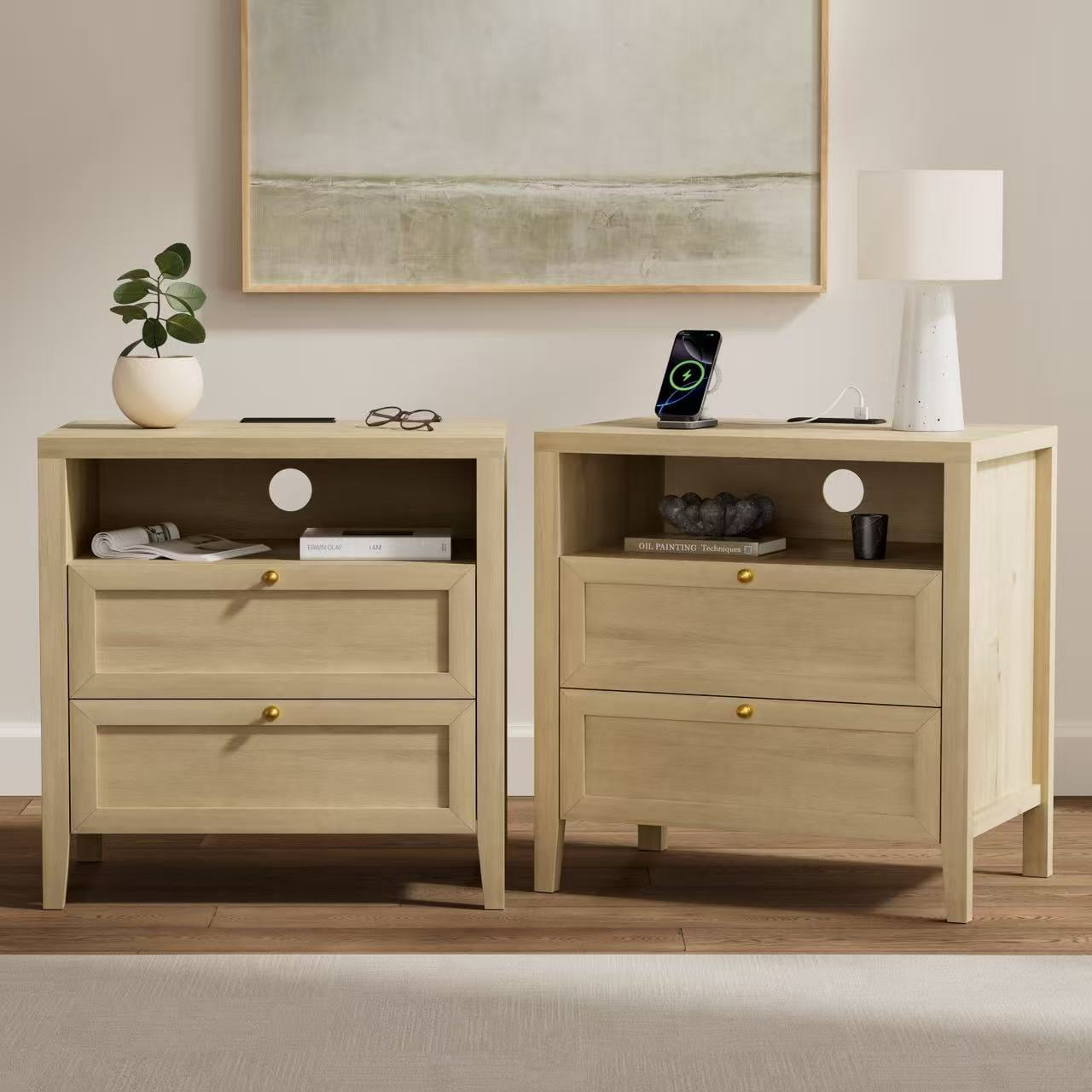 Joyyskill Farmhouse End Table with 2 Drawers, Wooden Nightstand with Open Storage Cable Hole Freestanding Wide Bedside Table for Bedroom Living Room Sofa, Light Oak