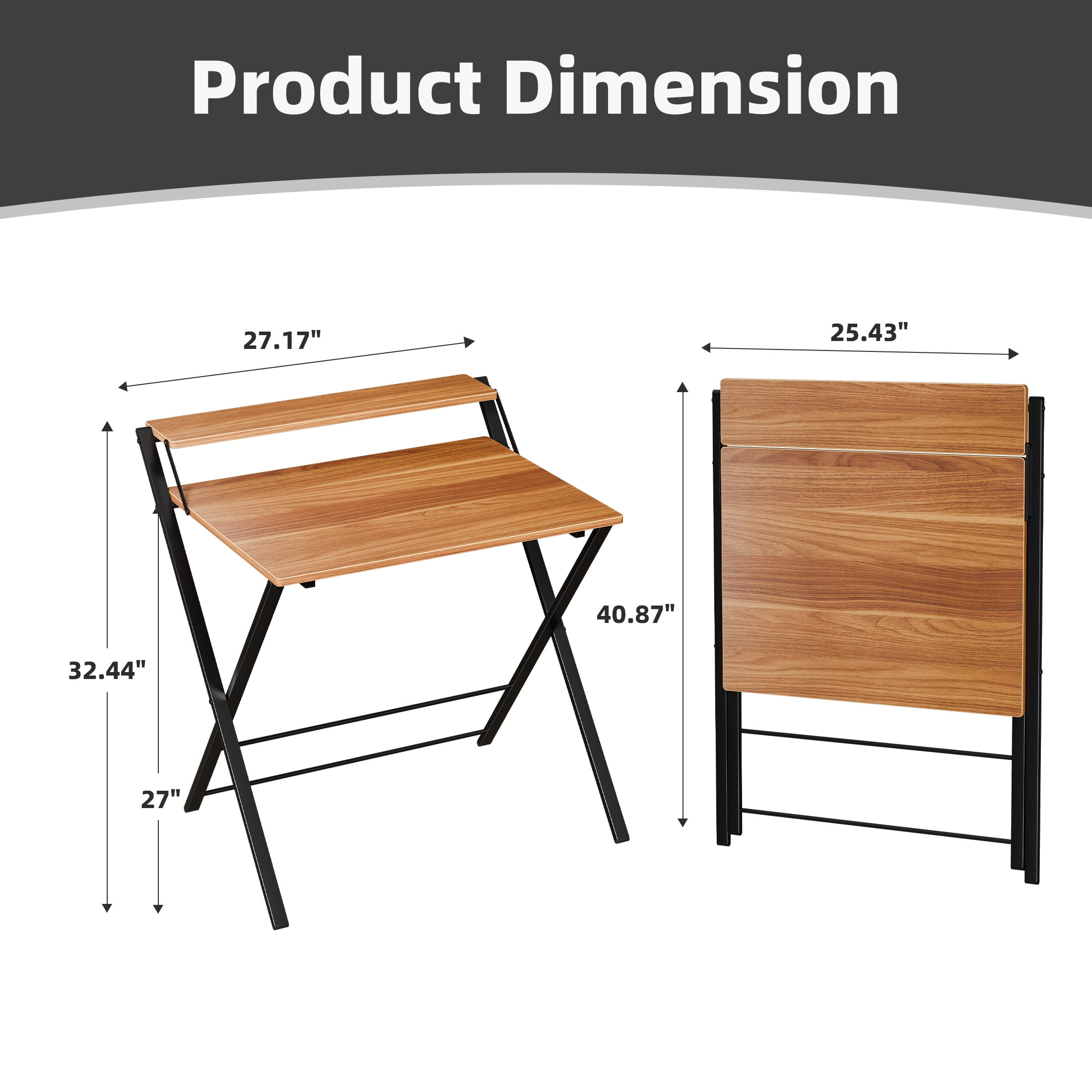 EDX Small Folding Desk with Shelf, No Assembly 2-Tier Compact Computer Table, Portable Study Workspace for Bedroom, Home Office, Brown