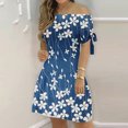 thumbnail image 1 of LOVZFMLL Robe d'Été Mode pour Femmes, Aguichant, Épaules Dénudées, Manches Courtes, Imprimée, avec Poches, Bleu, P, 1 of 5