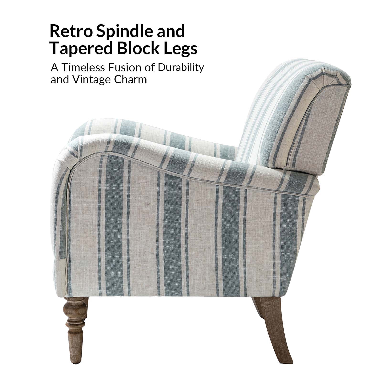 Stripe Armchair Upholstered Wooden Legs Accent Chair for Home Living Room Bedroom Adult Blue Stripe