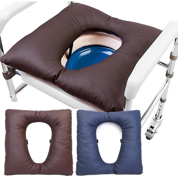 FEIYONG Soft Padded Commode Seat Cushion, Washable 16.5"X16.5" PU Pad with Fixing Straps for Bedside Commode, Portable Toilet & Shower Chair for Seniors (Brown)