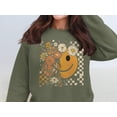 thumbnail image 6 of Floral Smiley Face With Checkered Pattern Trendy Sweatshirt (L, MilitaryGreen), 6 of 7
