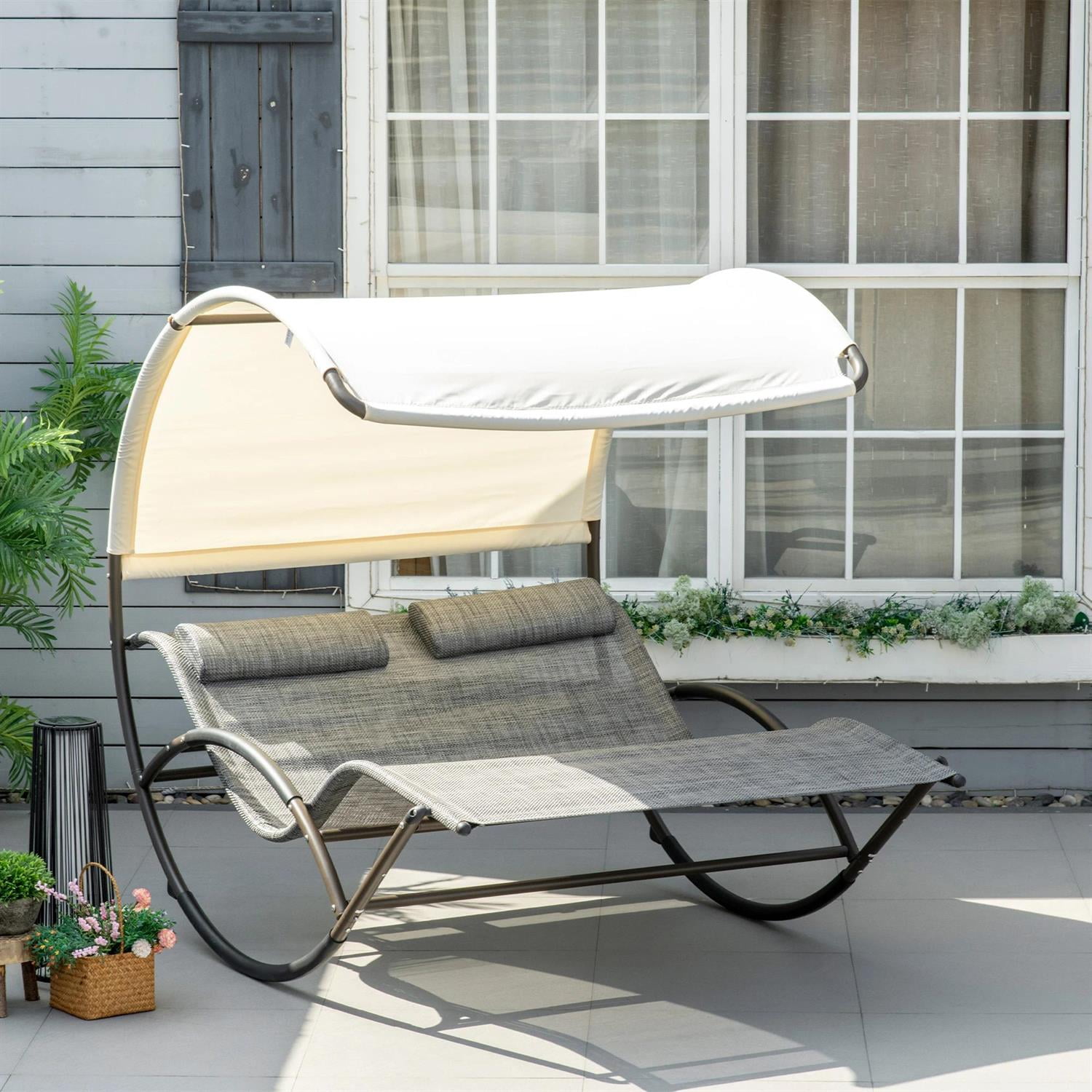 Demi Bonn Patio Outdoor Double Chaise Rocking Chair, Day Bed Sun Lounger with Canopy Shade, Headrest Pillow, Armrests for Garden, Poolside, Gray