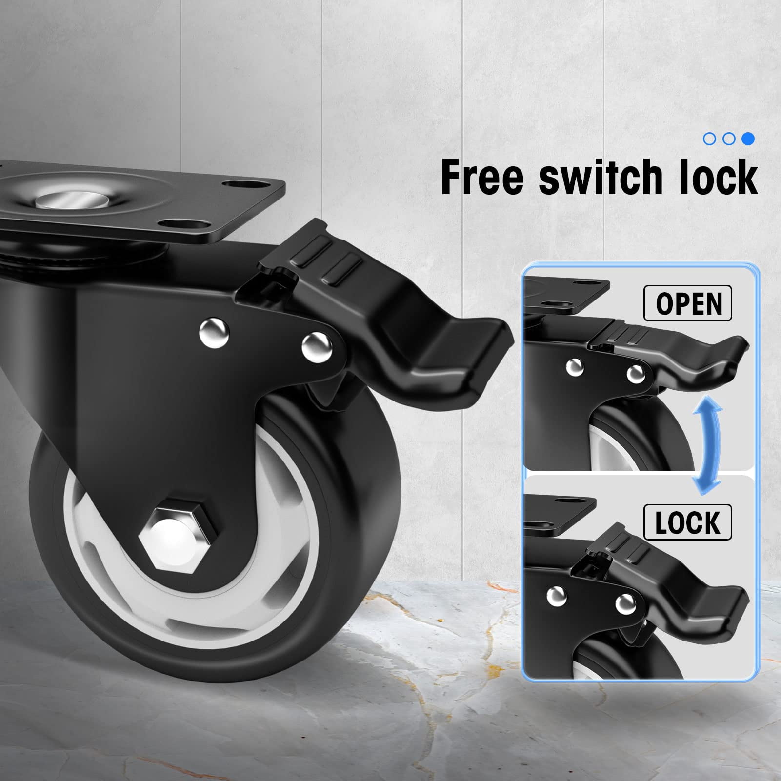 Caster Wheels - 3 Inch Casters Set of 4 Heavy Duty - ASHGOOB Black Polyurethane Castors, Top Plate Swivel Wheels, 4-Pack Industrial Casters with Brake, Locking Casters for Furniture and Workbench