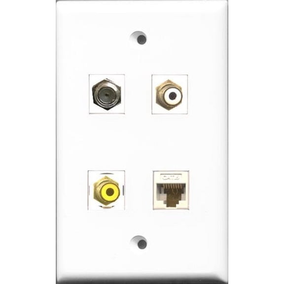 RiteAV 1 Port RCA White and 1 Port RCA Yellow and 1 Port Coax Cable TV- F-Type and 1 Port Cat6 Ethernet White Wall Plate