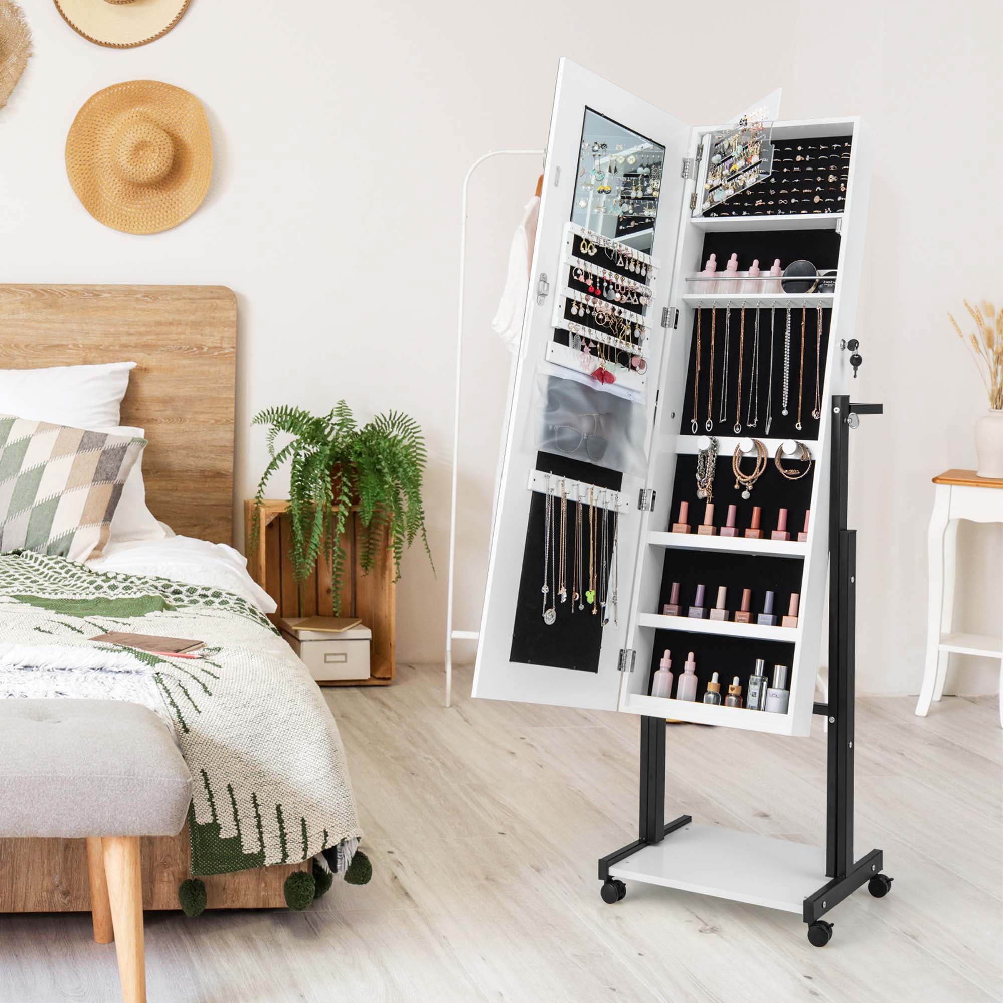 Armoire à Bijoux Pivotante à 360 Degrés, Avec Miroir Pleine Longueur 11 Etageres Et 2 Tiroirs Verrouillable Avec Des Cles 55x55x160cm