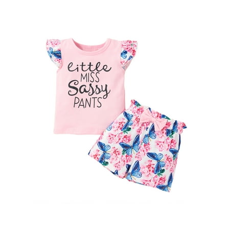 

LAPAKIDS Infant Toddler Baby Girl Flying Sleeve Tops Floral Print Shorts 2PC Outfit Sets 9-12 Months