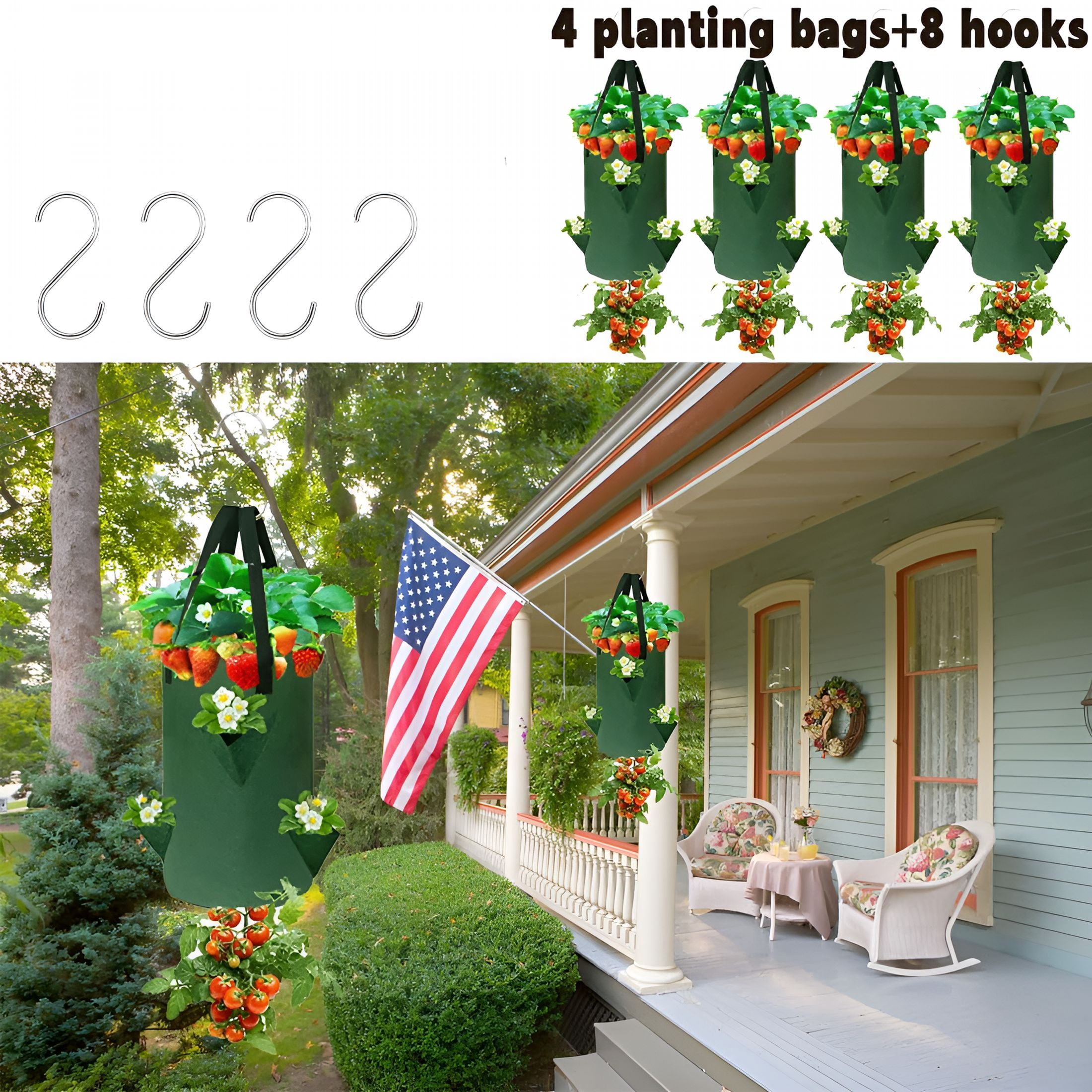 MISSMILE 4Pack Upside Down Strawberry Planter, 3 Gallon Hanging Grow Bags for Tomato Vegetables 6 Planting Holes with 4 Hooks,Upside Down Strawberry Plant Hanger Vegetable Planting Bags for House