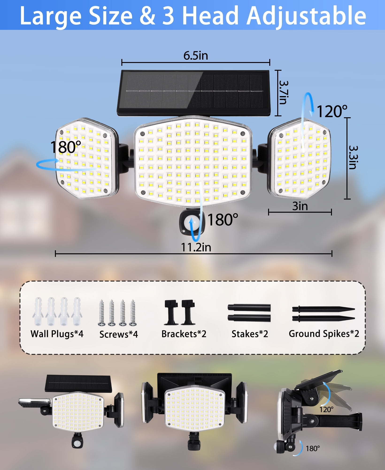 HAARAY Solar Motion Sensor Outdoor Lights with Ground Stake, 3-Head Adjustable 208 LED Solar Wall Security Flood Light IP65 Waterproof for Outside Porch Yard Garden Garage, 2 Pack