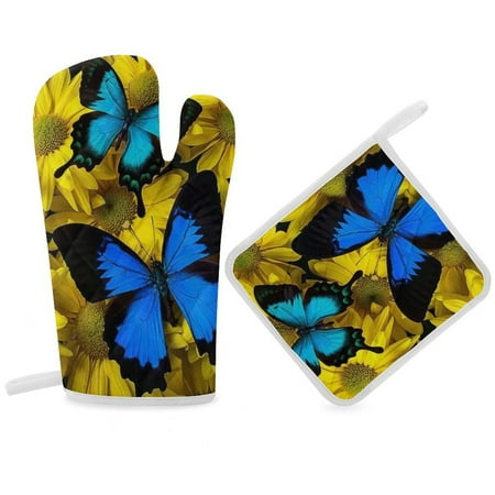 

Stunning Blue Butterfly On Sunflowers Oven Gloves And Pots Stand Set Oven Gloves And Pot Racks Pot Racks And Oven Gloves Set