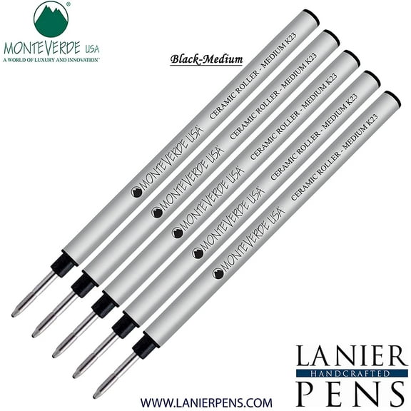 Lanier Combo Pack - 5 Pack - Monteverde Capless Ceramic Rollerball K23 Gel Ink Refill Compatible with most Pelikan Style Rollerball Pens - Black (Medium Tip 0.7mm)