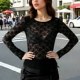 thumbnail image 2 of JGGSPWM Womens Mesh Long Sleeve Tops Lace Sexy Sheer See Through Crew Neck Tight Shirts Causal Blouse Party Club Outfits Black L, 2 of 9