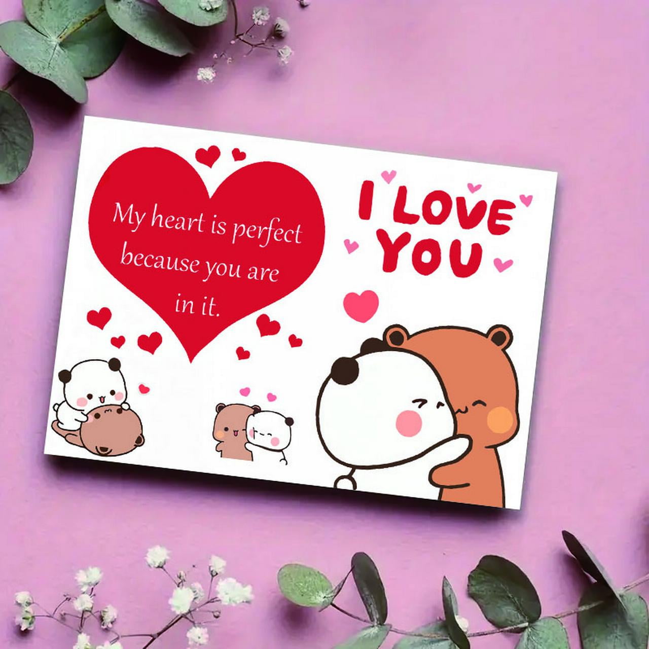 Adorable Love You Card – Cute Animal Design with Heart Message – Perfect for Valentine s Day Anniversary or Just Because – Envelope Included