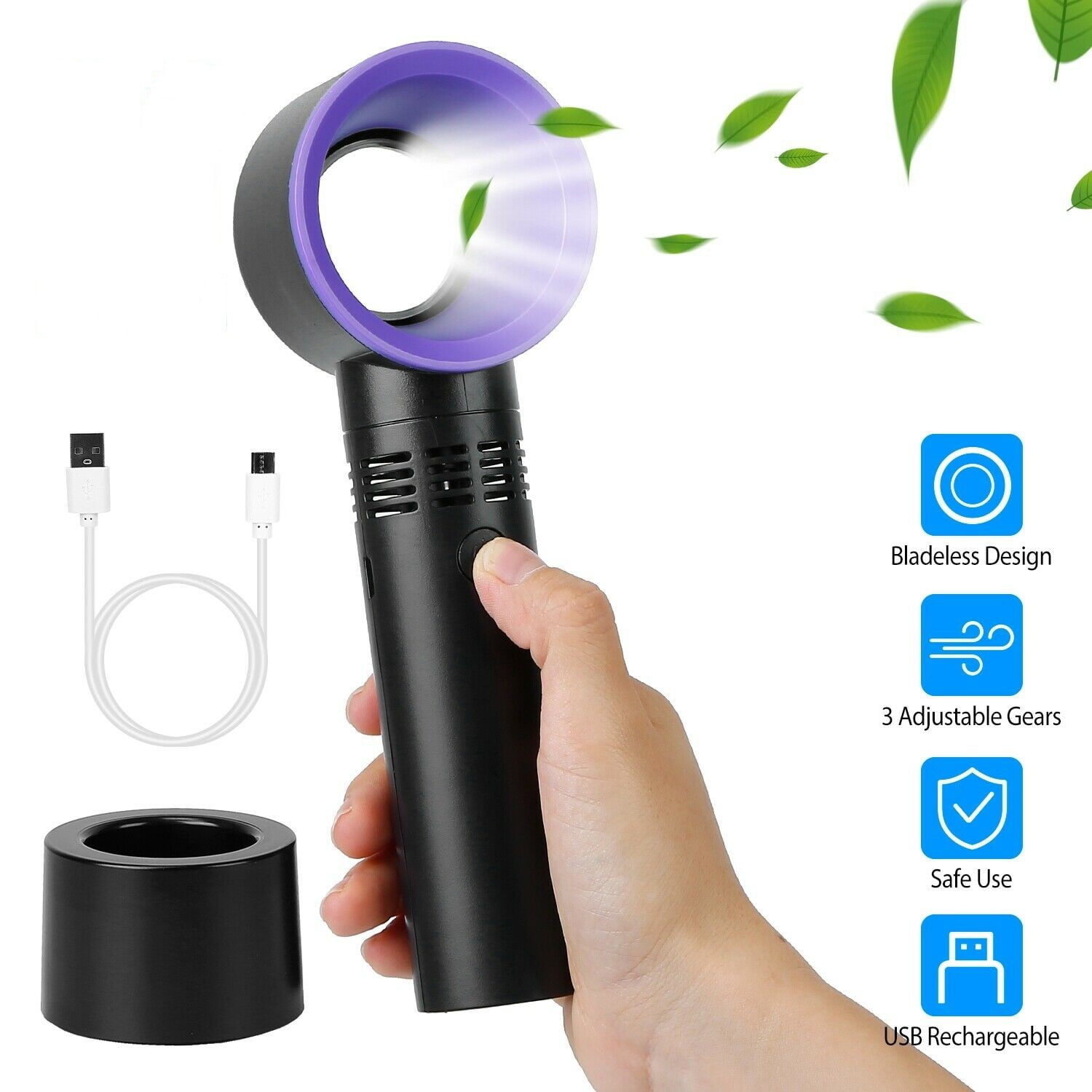 Cute 360° Portable Bladeless Hand Held Cooler Mini USB Cable No Leaf Handy Fan 