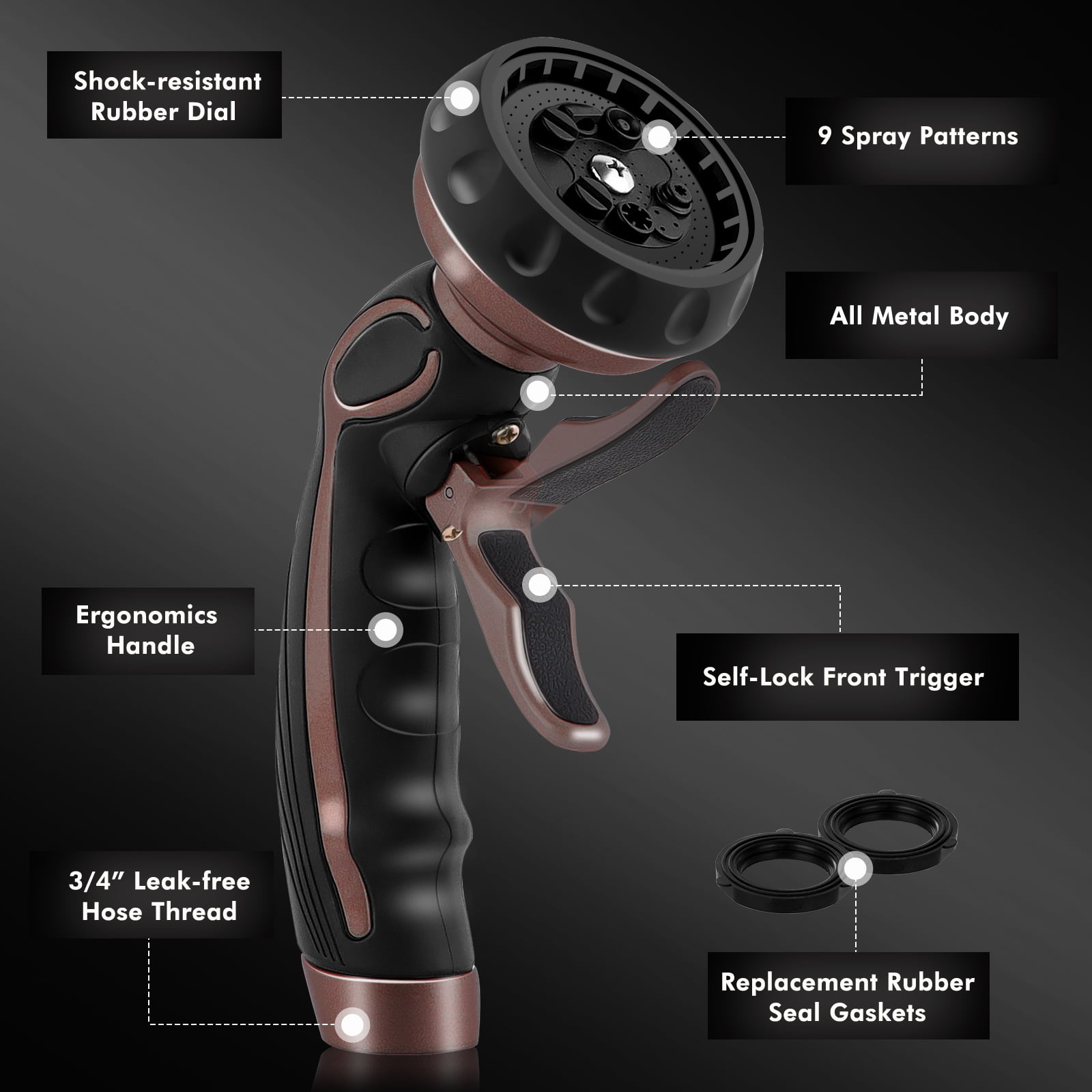 Restmo Zinc-Alloy Hose Nozzle, Heavy Duty Metal Water Hose Sprayer with 9 Spray Patterns, On/Off Valve