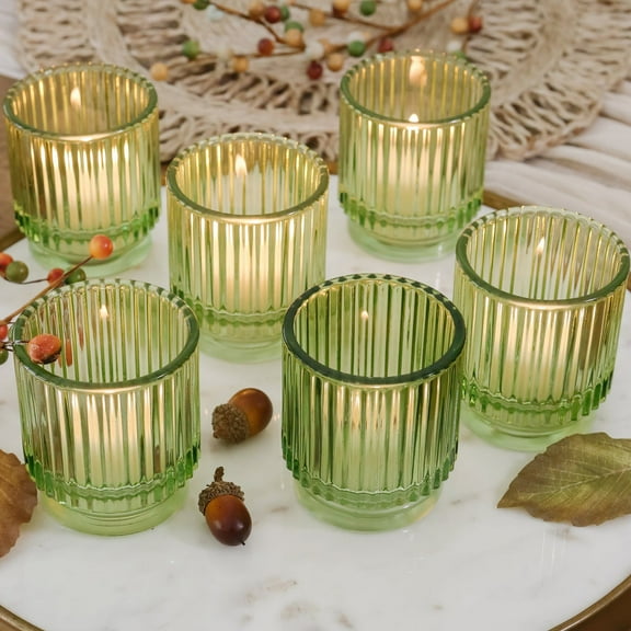 Kate Aspen Vintage Ribbed Glass Candle Holder Decor, Green Votive Candle Holders for Holiday Table Decor, Tealight Candles Holder Glass (Set of 6), Dinning & Christmas Table Decoration Tablescape