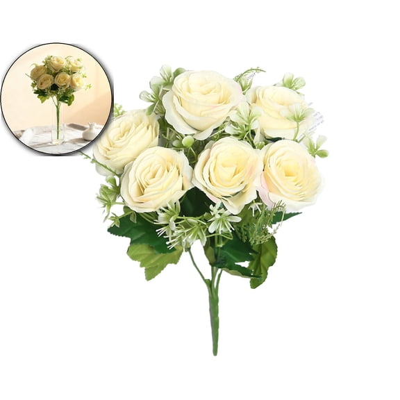 Artificial Silk Flower Bouquet – 6-Head Fake Floral Arrangement for Wedding Party Home Decor, Beige