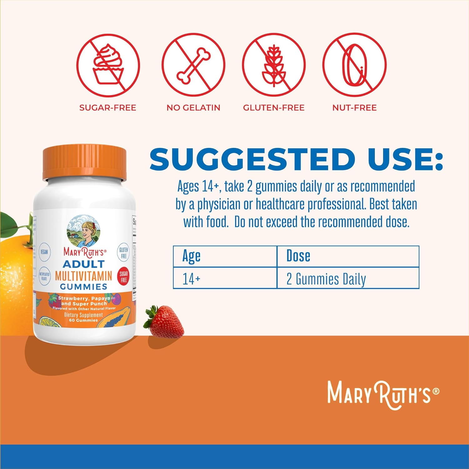 MaryRuth's Vegan Adult Multivitamin Gummies with Immune Support, Sugar-Free, 60 Count