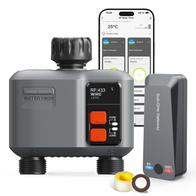 Smart WiFi Water Timer 2-Zone, Sprinkler Timer with Wi-Fi Hub, 2 Outlets Bluetooth Hose Timer with Rain Delay, Wireless Irrigatio