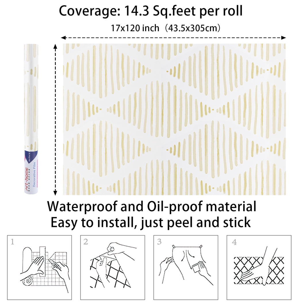 Arthome Geometric Peel and Stick Wallpaper 17''x120'' Stripe Contact Paper White and Beige Self Adhesive Removable Decorative Wall Paper for Bedroom Drawers Cabinets