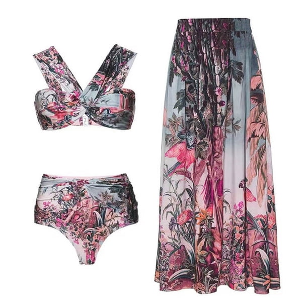 Gibobby Bañador de Bikini Traje de baño sexy con falda de playa para vacaciones de bikini para mujer Conjunto de piezas con estampado retro para mujer(Azul,G)