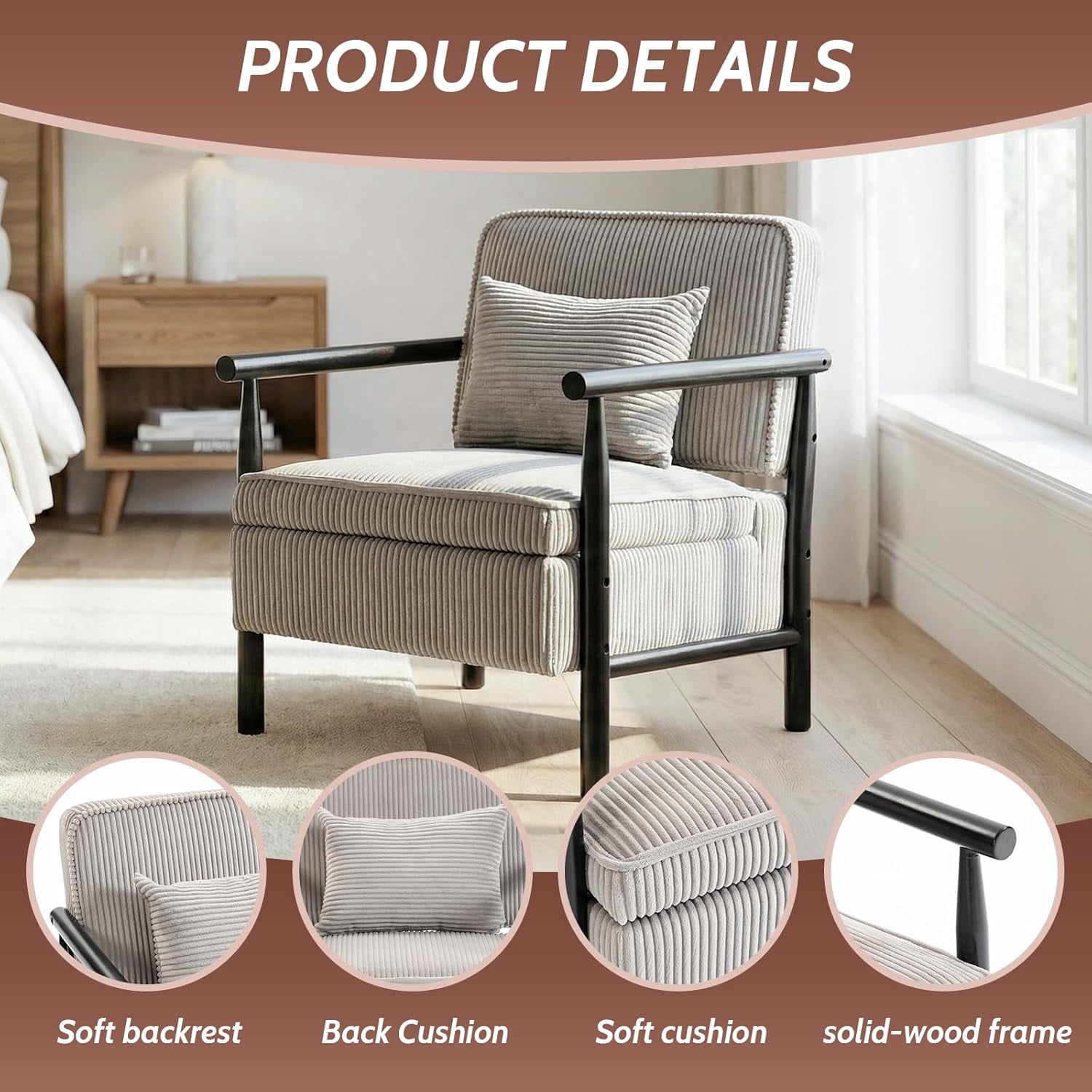 MOONMISS Accent Chair with Hidden Storage, Armchair with Solid Wood Frame, Corduroy Fabric Accent Chair for Living Room,Gray