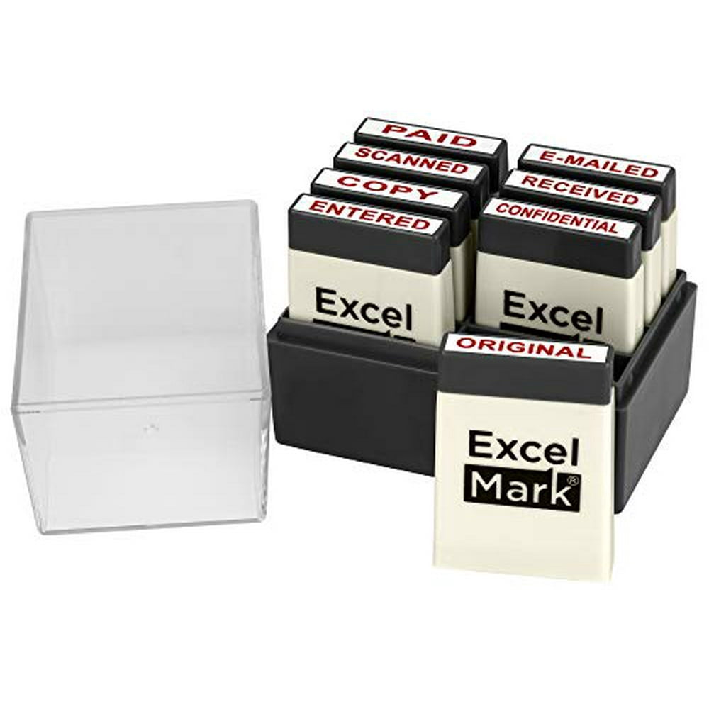 ExcelMark Mini Office Message Rubber Stamp Set Red Ink Storage Tray Included