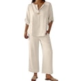 thumbnail image 3 of Women's 2 Piece Lounge Set, 3/4 Sleeve V Neck Casual Top and Wide Leg Pants, Soft Material Matching Outfit for Daily Wear, Beach Travel and Relaxation-Beige, 3 of 8