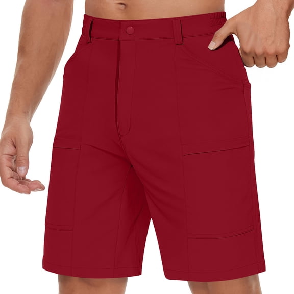 hlysgo Dress Shorts Men with Elastic Waist Casual Solid Color Golf Shorts for Men 9 Inseam Relaxed Fit Summer Bermuda Shorts with Pockets Red,S