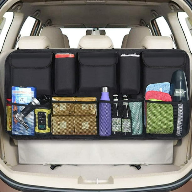 Organizador de maletero de coche negro (2-M), bolsa de almacenamiento, bolsa para maletero, bolsas impermeables con malla elástica resistente y velcro para SUV