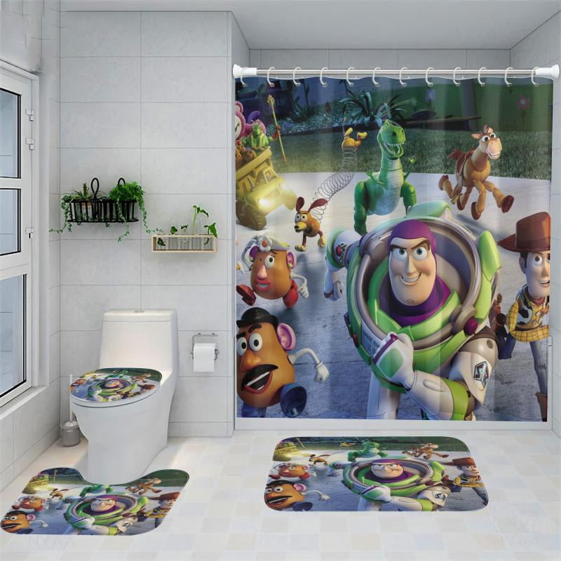 Lheaggik Cartoon Story 4 Pcs Bathroom Sets with Shower Curtain and Rugs, Waterproof Polyester Shower Curtain Sets with Hooks