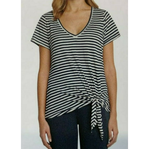 Matty M Ladies' V-Neck S/S Tie Shirt Indigo-Stripe Small