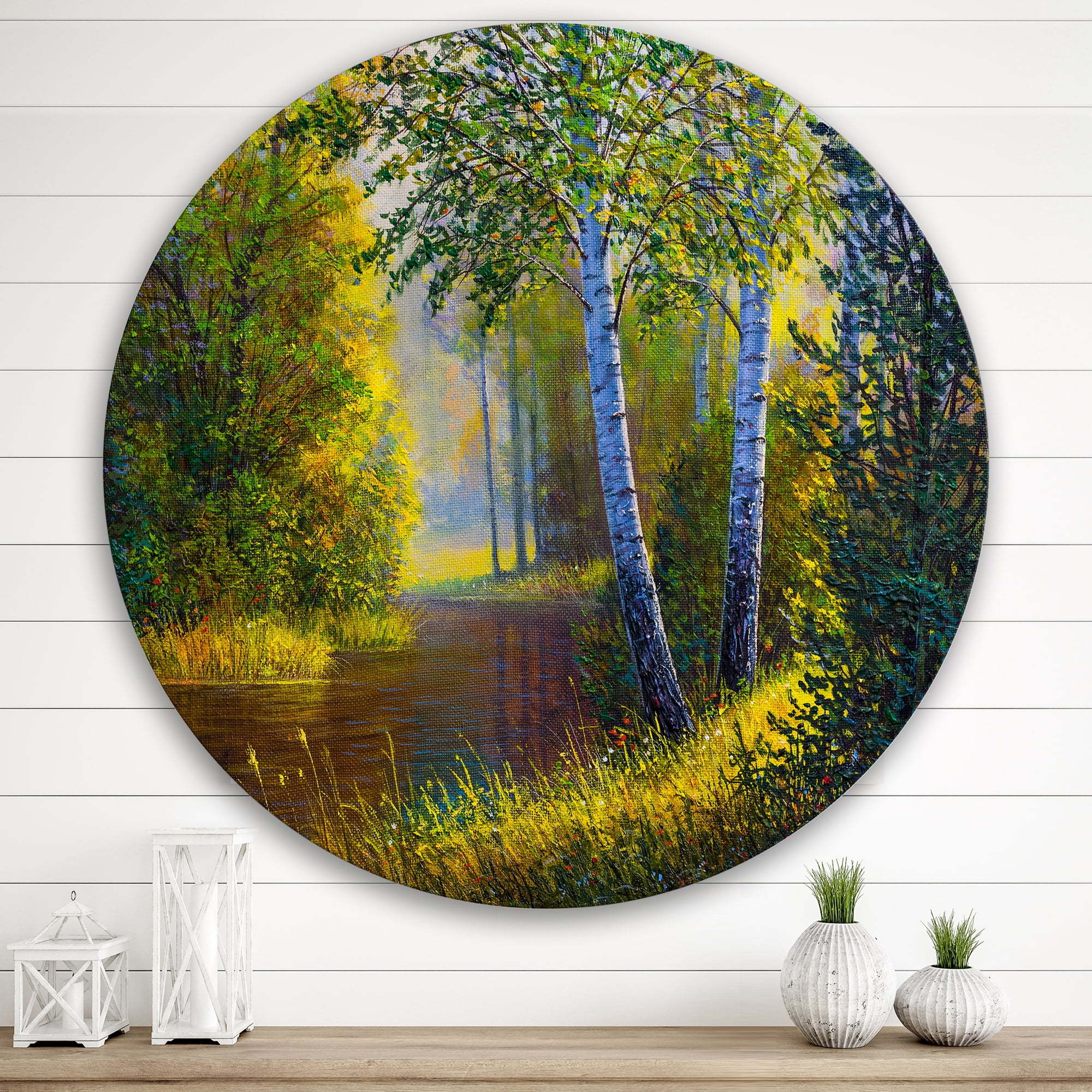 Designart 'Sunrise Glow Through The Birches II' Lake House Circle Metal Wall Art 36x36 - Disc of 36