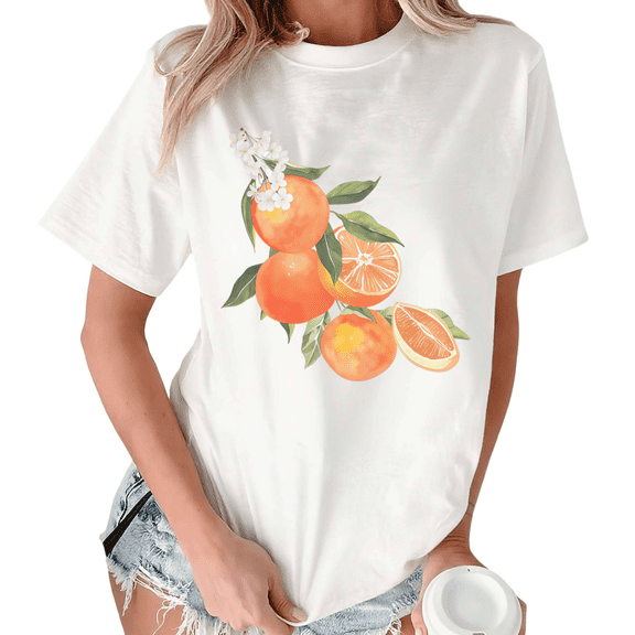 White Print Tshirt Graphic Tees Shirts S-5XL Orange Pattern Print Cozy Casual Trendy Tops