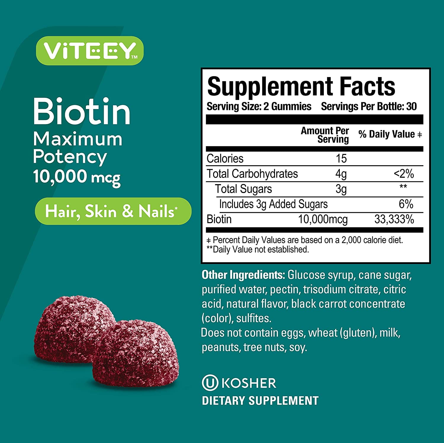 VITEEY Biotin Gummies 10,000 mcg, Hair Skin and Nails, Raspberry Flavor, 60 Count, 2 Pack