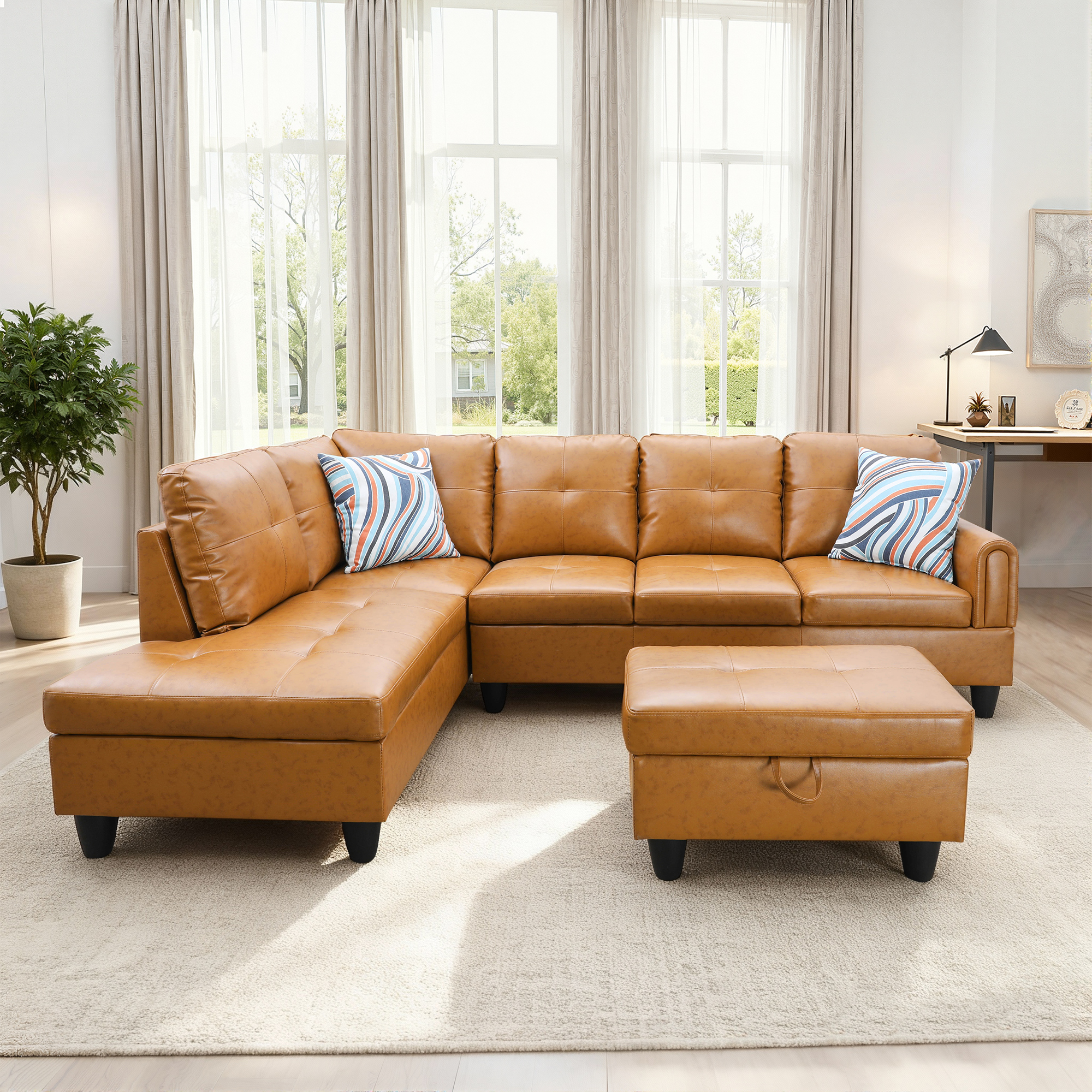 MAYEERTY 97" Faux Leather Sectional Sofa, 3-Piece Couch Living Room Sofa Set with Ottoman, Ginger (Left)