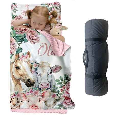 Custom Toddler Nap Mat for Preschool Personalized Name Pink Kids Sleeping Bag with Horse Pattern for Daycare Roll Up Sleeping Mat with Removable Pillow and Soft Dot Minky Blanke for Girls Camping