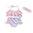 thumbnail image 1 of Kid Swimming Set Ruffle Halter Tops Mermaid Bottom Headband Set, 1 of 6