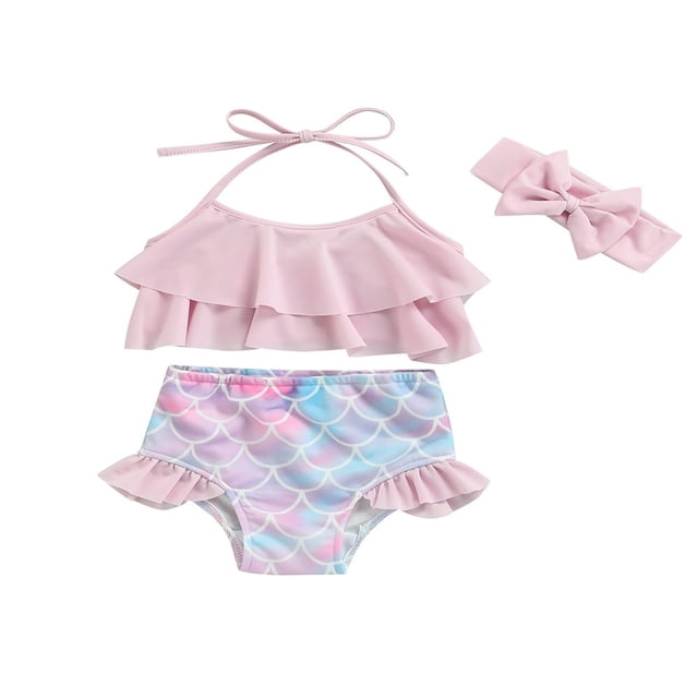 Kid Swimming Set Ruffle Halter Tops Mermaid Bottom Headband Set