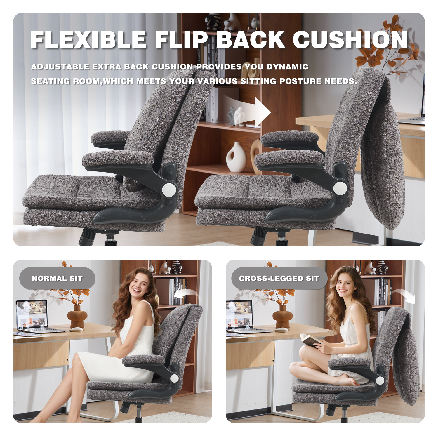 Wide Criss Cross Chair with Flip Up Back Cushion and Arms, Ergonomic Cross Legged Office Chair with Dynamic Lumbar Support, Upholstered Swivel Rolling Vanity Chair for Customized Comfort