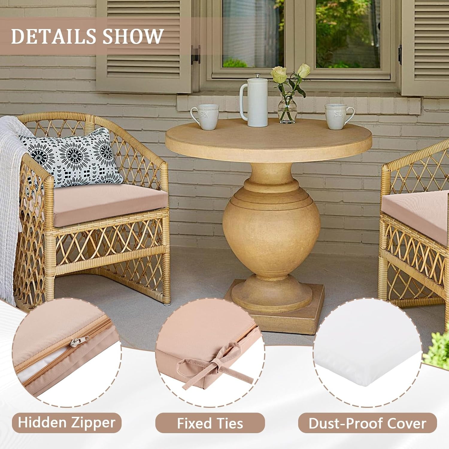Patio Chair Cushions Set of 4, Outdoor Seat Cushions for Patio Furniture 19 x 19 Inch, Indoor Square Corner Dining Chair Pads Set with Ties and Inner Dust Cover, (Beige)