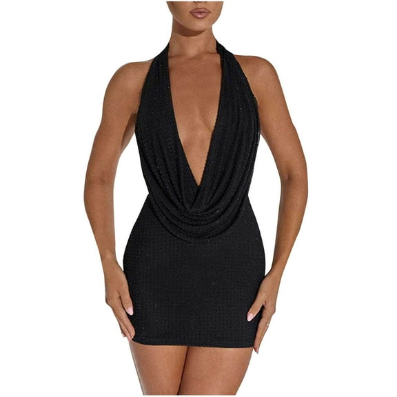 Oplxuo Women's Sequin Halter Bodycon Mini Dress, Sexy Deep V Neck Draped Front Open Back Cocktail Party Dresses