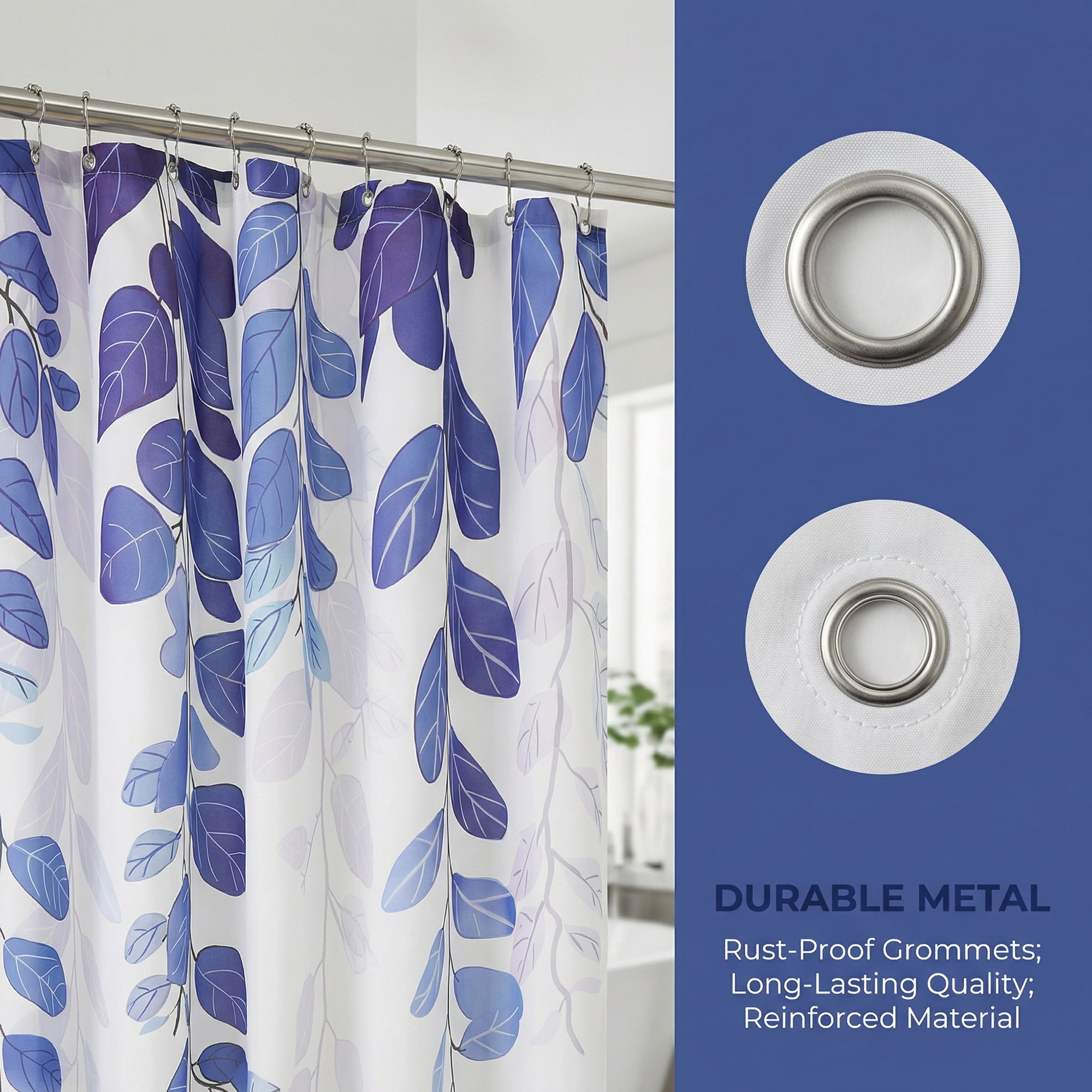 Unique Bargains Waterproof Plant-Print Shower Curtain Set with 12 Hooks Blue 71"W x 71"L