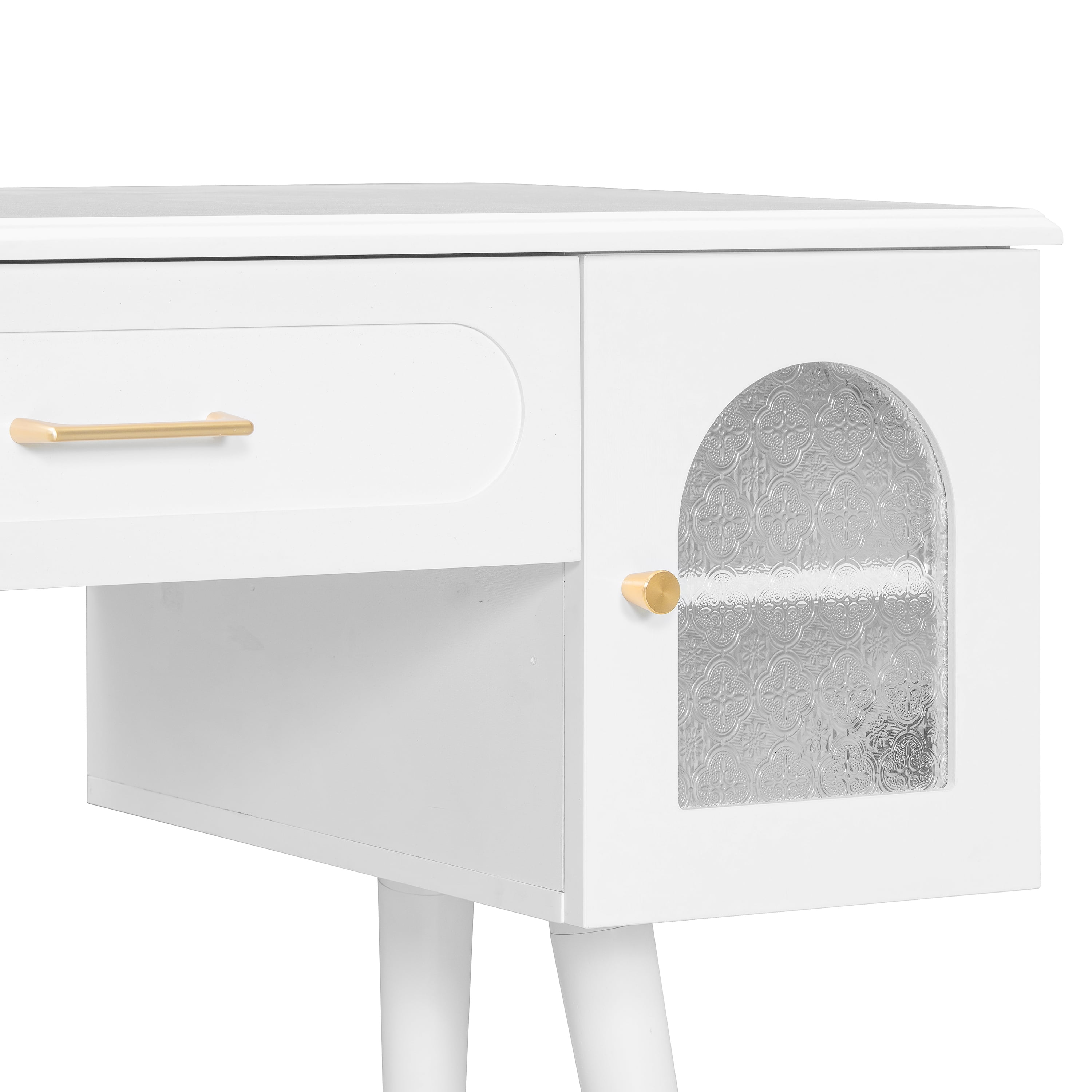 Yoneston Vanity Set with Charging Station 2 Outlets & USB Ports, 4 Drawers, Arched Glass Doors & Upholstered Stool, White