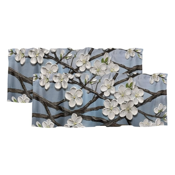 White Flowers Curtain Valances for Windows, Kitchen Valance Window Treatments Panel 2 Pack, Rustic Floral Vintage Botanical Blue Rod Pocket Short Curtains for Bathroom Bedroom 42 x 12 Inch