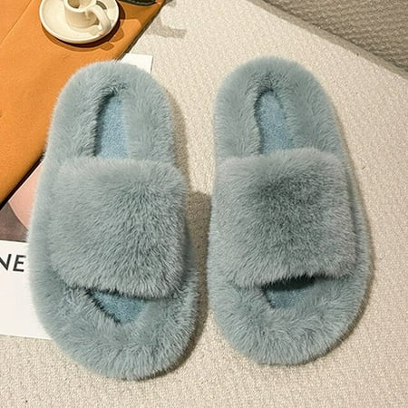 

CoCopeanut Winter House Women Fur Slippers Fashion Cross Band Warm Plush Ladies Fluffy Shoes Cozy Open Toe Indoor Fuzzy Slides For Girls